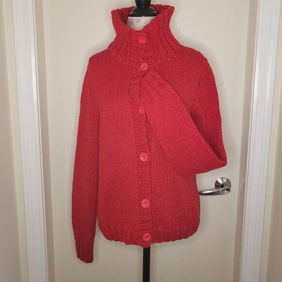 hand knit cherry red cardigan sweater - Picture 1 of 9